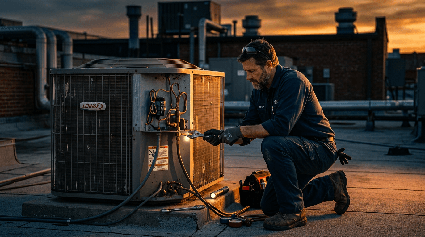 HVAC technician performing seasonal maintenance on an outdoor air conditioning unit at dusk, Fayetteville Arkansas