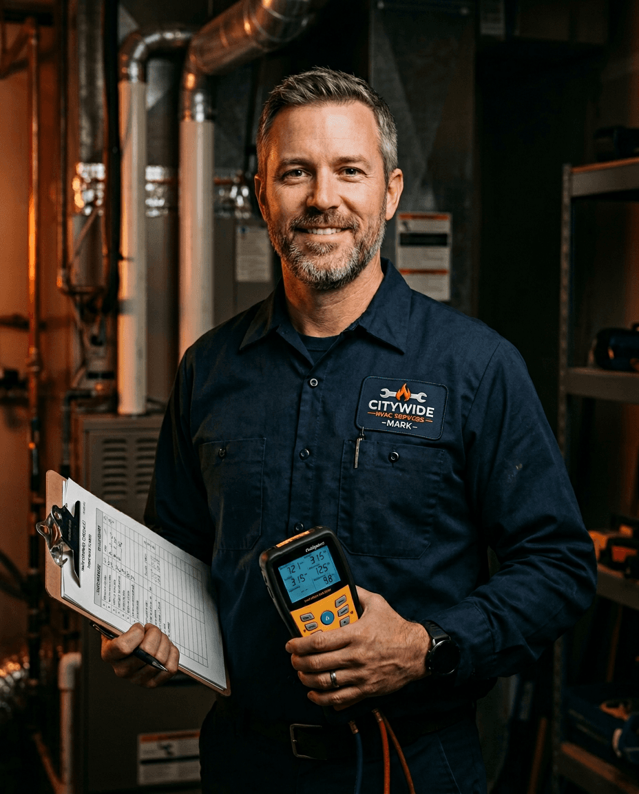 Ozark Air & Heat certified technician in company uniform performing an HVAC inspection in Fayetteville, Arkansas